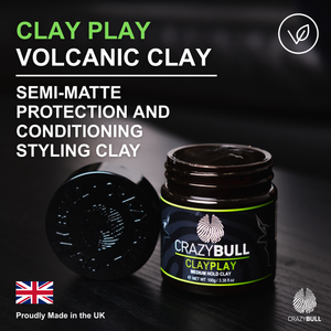 Crazy Bull Clay Play Volcanic Clay jar with text on a dark background