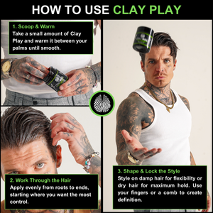 Instructions on how to use Crazy Bull Clay Play with a person applying it to their hair.