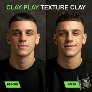 Before and after comparison of a person using Clay Play Texture Clay on a dark background.