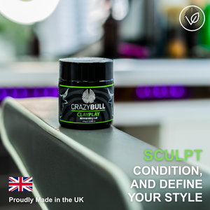 CrazyBull ClayPlay jar on a table with text about how it sculpts, conditions, and defines your style