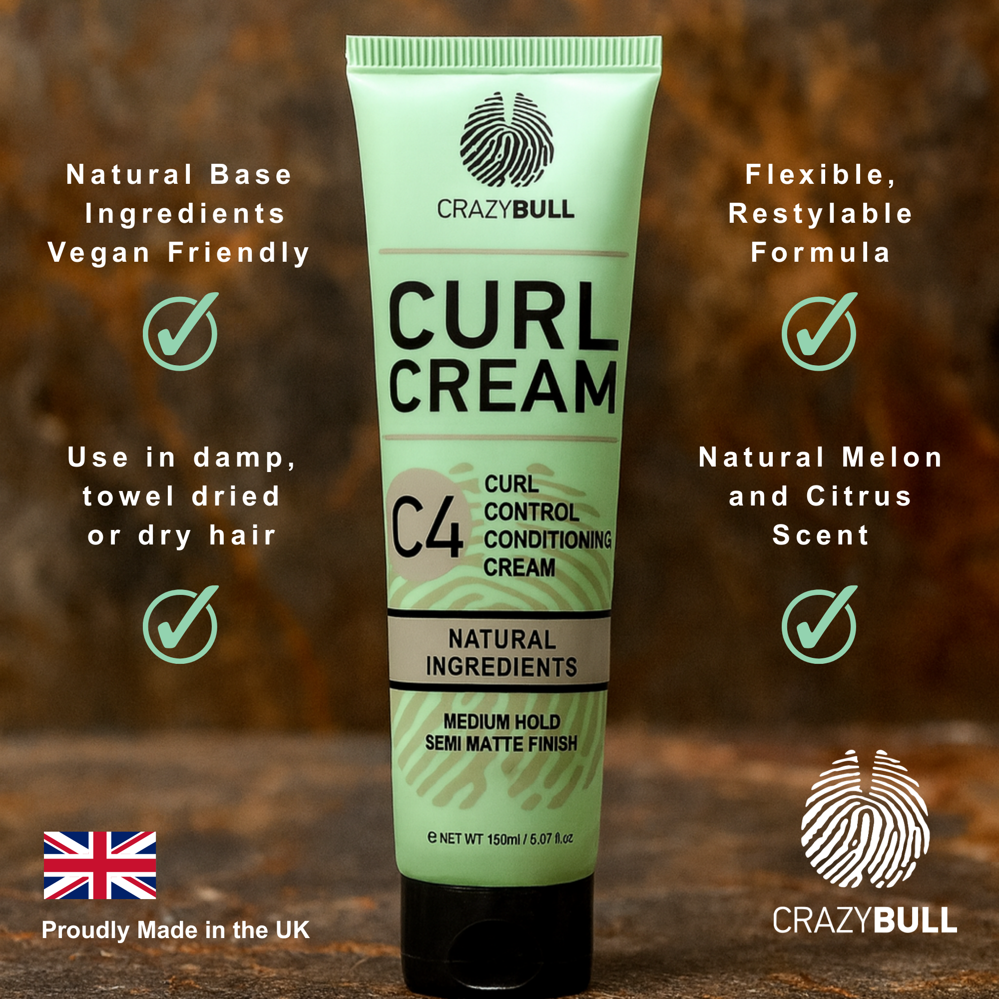 Crazy Bull C4 Curl Cream tube with product features on a wooden background