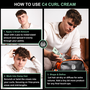 Instructions on how to use Crazy Bull C4 Curl Cream with a person demonstrating the process.