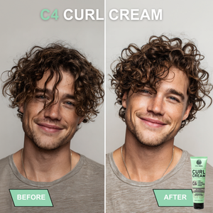 Before and after comparison of a man's hair with Crazy Bull C4 Curl Cream, showing a transformation from wavy to styled hair.