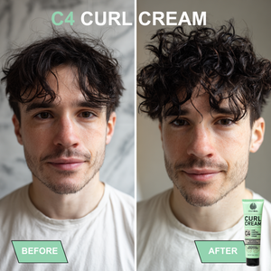 Before and after comparison of a man's hair with Crazy Bull C4 Curl Cream, showing a close-up of his face.