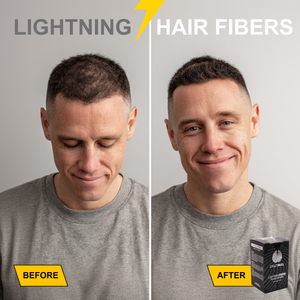 Before and after comparison of a man using Crazy Bull lightning hair fibers with a product box displayed.
