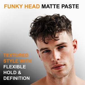 Graphic for 'Funky Head Matte Paste' showing a man with styled hair on a gray background.