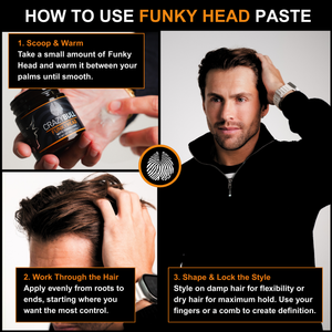 Instructions on how to use Crazy Bull Funky Head paste with a man styling his hair.