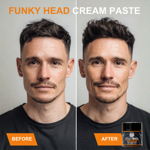 Before and after comparison of a man's hairstyle with Crazy Bull Funky Head Cream Paste.