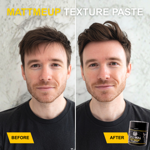 Before and after comparison of a man using Crazy Bull Mattmeup texture paste with product container.