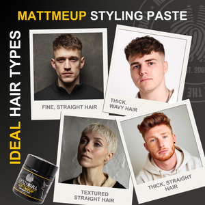 Graphic for Crazy Bull Mattmeup Styling Paste with four types of hair and a jar of the product showing the ideal hair types