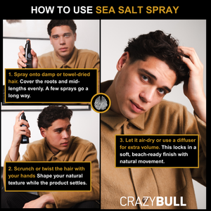 Instructions on how to use Crazy Bull Bull Blaster Salt Spray with a person demonstrating the process.