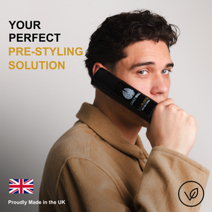 Image of man holding the Crazy Bull Bull Blaster Salt Spray saying how it's your perfect pre-styling solution