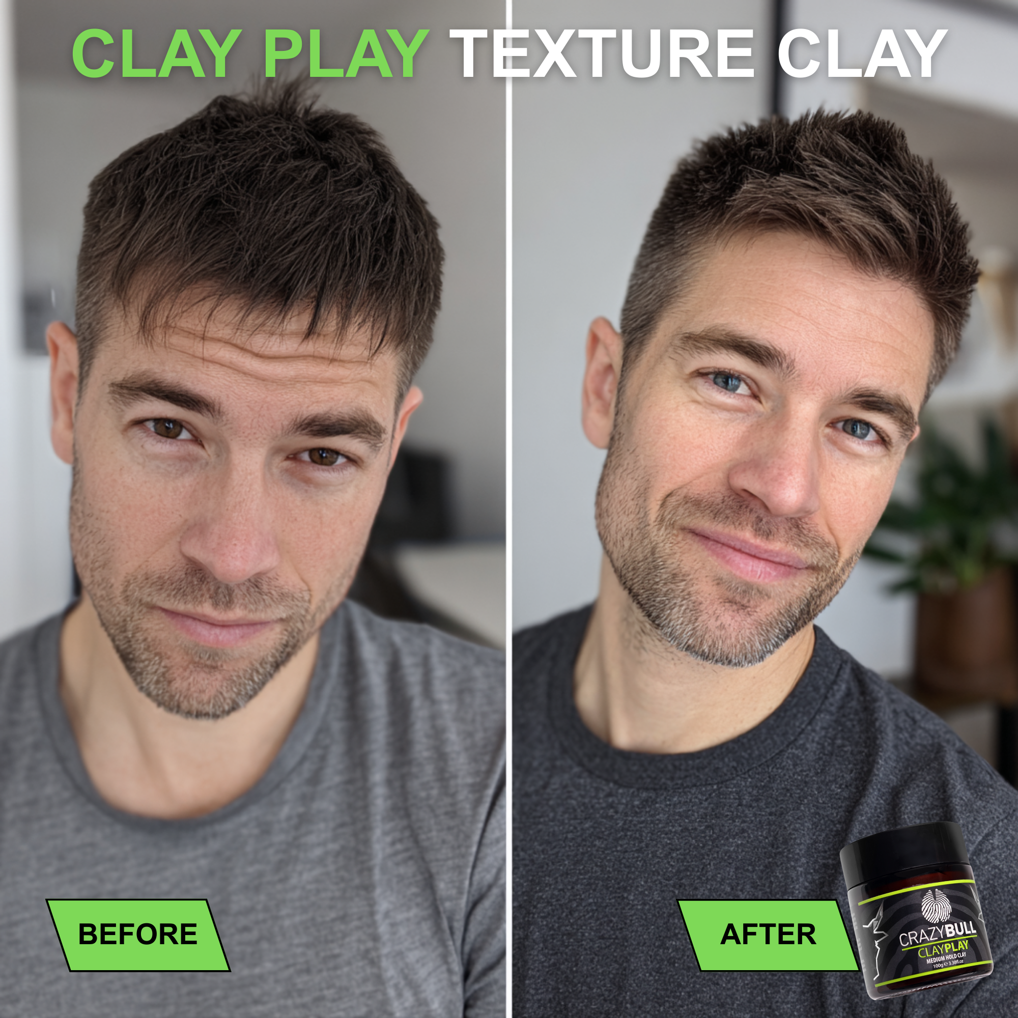 Before and after comparison of a man's hairstyle using Clay Play Texture Clay.