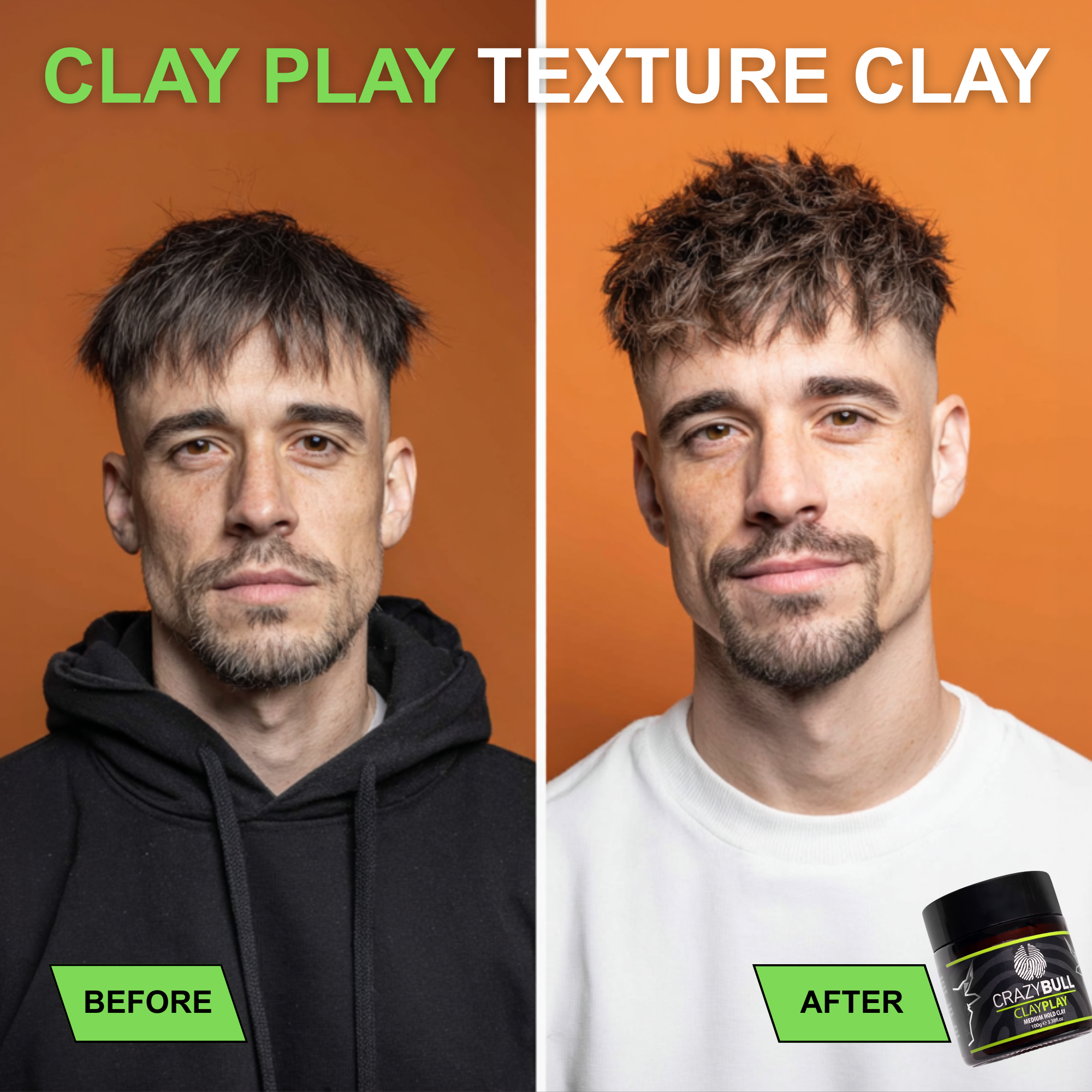 Before and after comparison of hairstyles using Clay Play Texture Clay on two men with an orange background.
