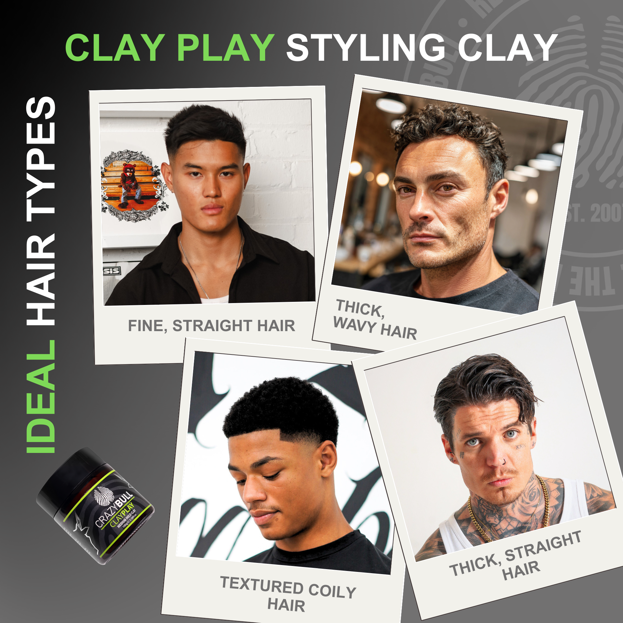 Graphic for Clay Play Styling Clay with images of people and text indicating ideal hair types.