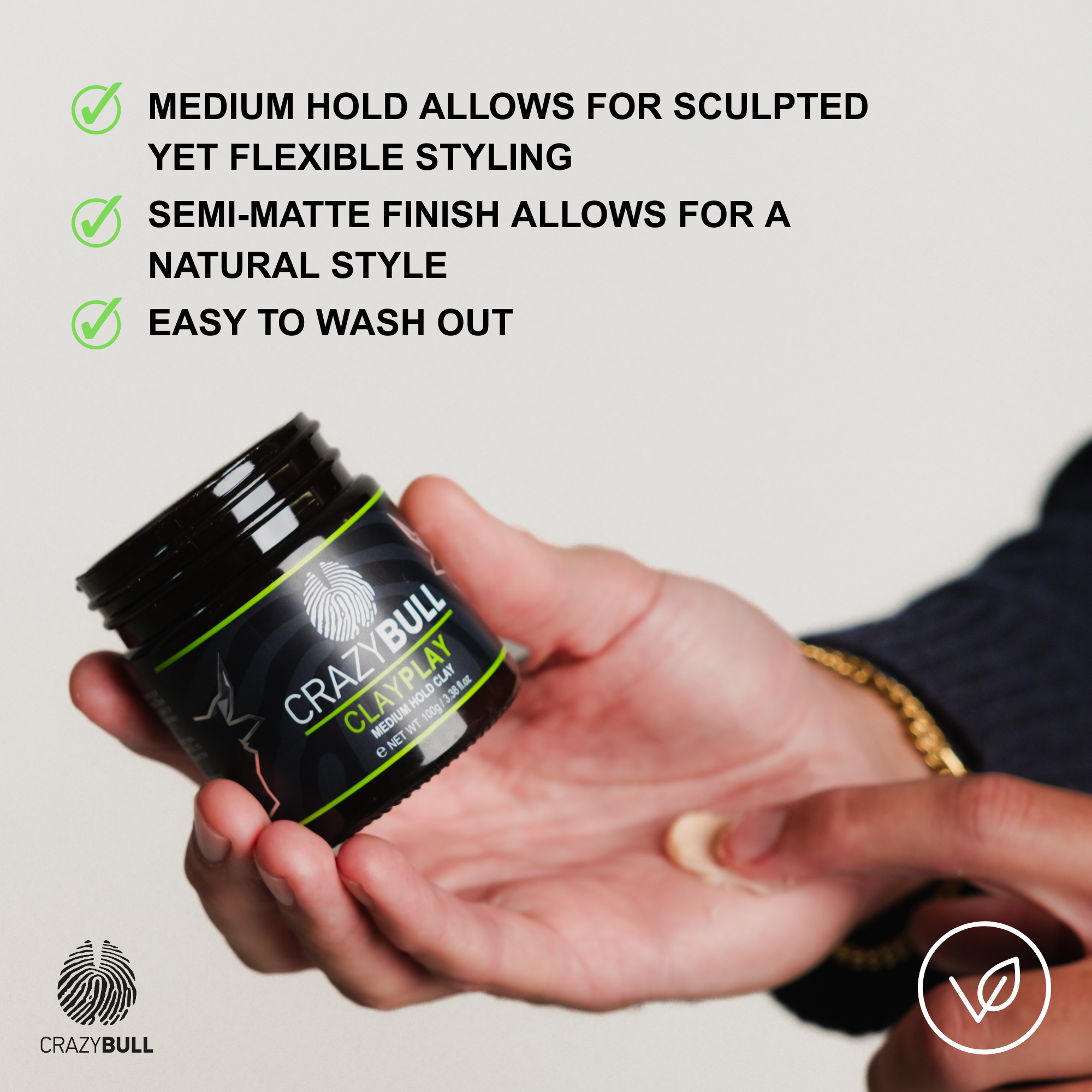 Crazy Bull clay play product with a hand holding it and text about product benefits on a light gray background.