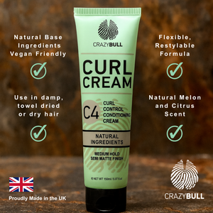 Crazy Bull C4 Curl Cream tube with product features on a wooden background