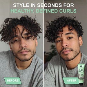 Before and after comparison of a person with curly hair using Crazy Bu;; C4 Curl Cream