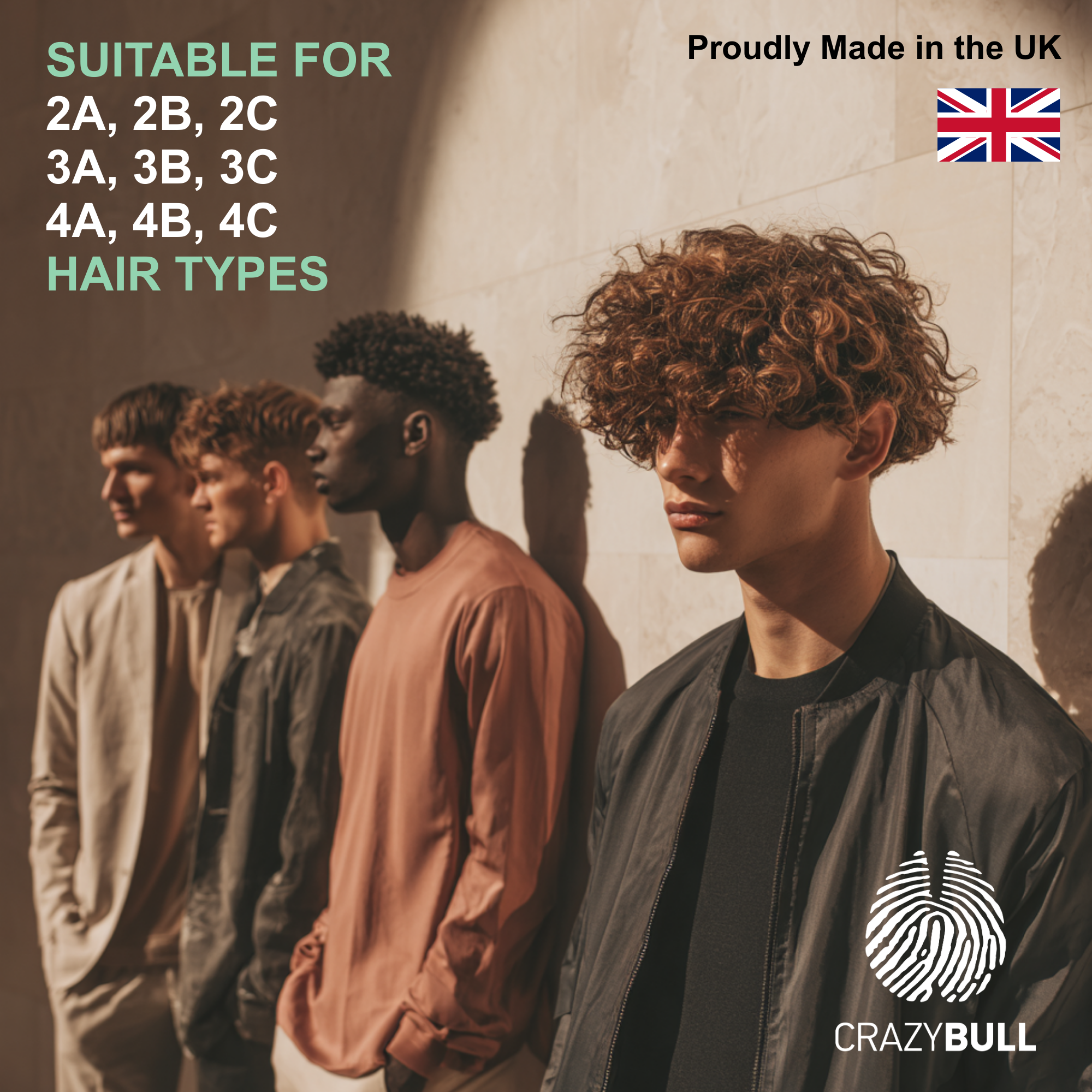 Group of men with styled hair using Crazy Bull C4 Curl Cream, featuring text about hair types and the Crazy Bull brand logo.