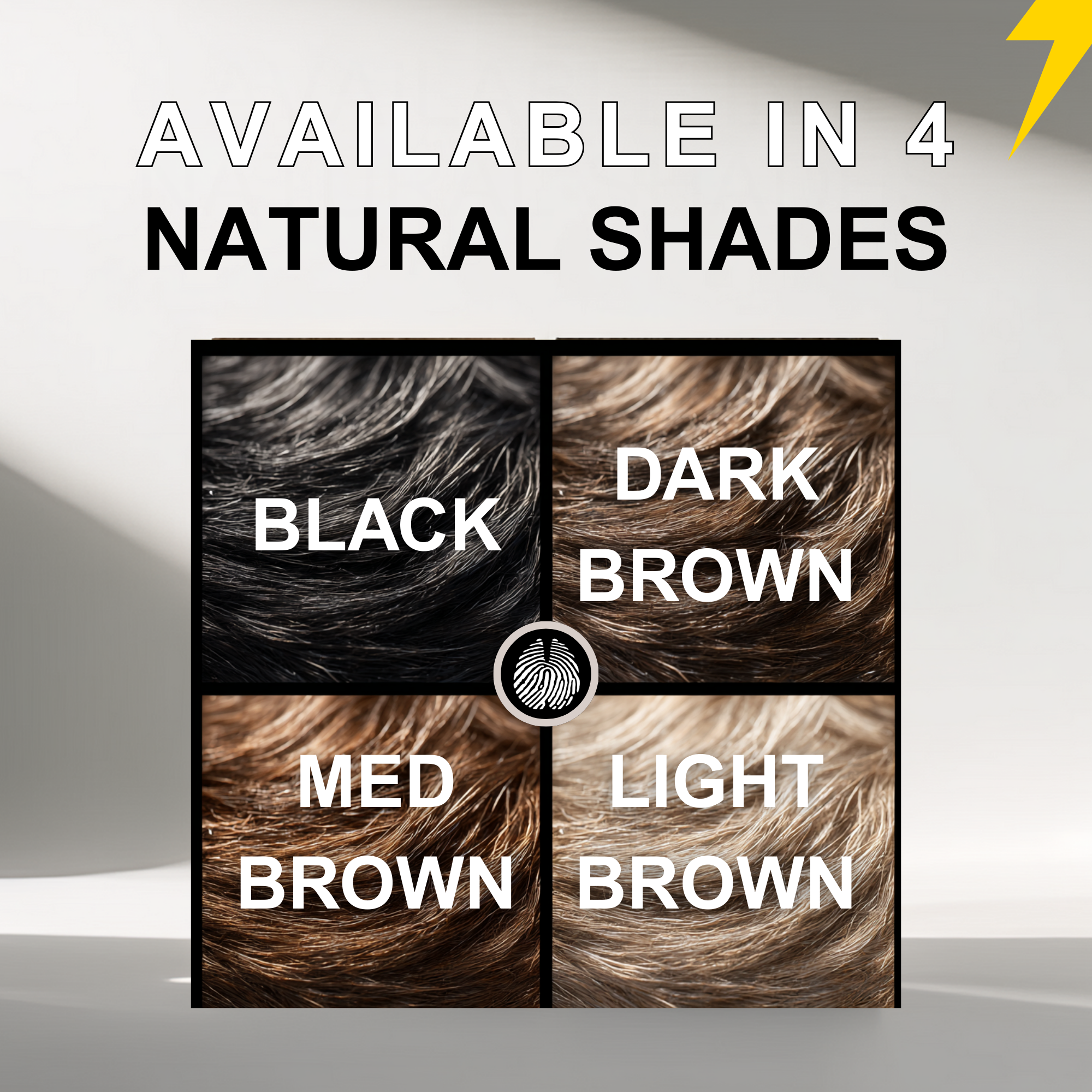 Hair color swatches labeled Black, Dark Brown, Med Brown, and Light Brown with a gray background describing the shades of Crazy Bull Lightning Hair Building Fibres