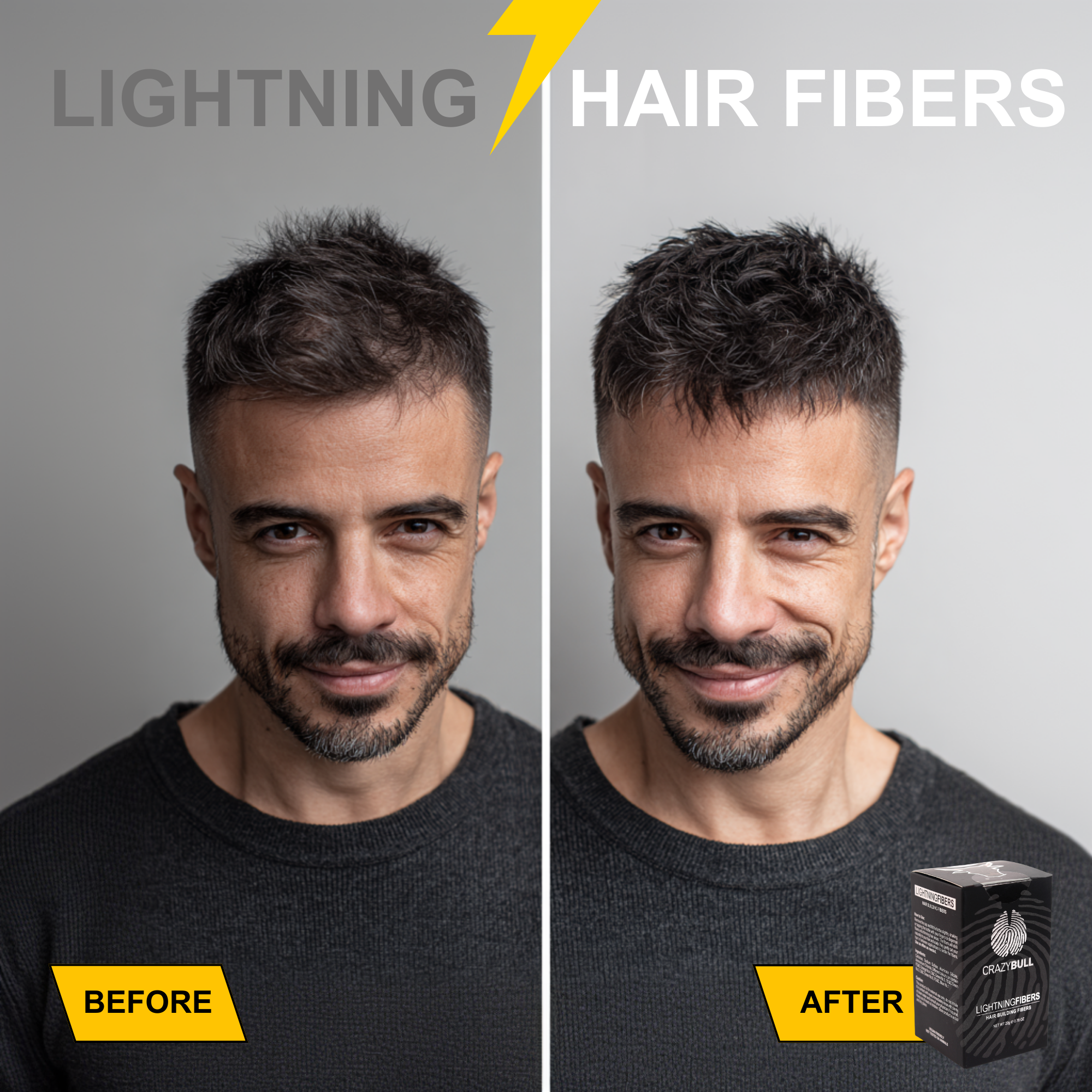 Before and after comparison of a man using Crazy Bull lightning hair fibers with a product box displayed.