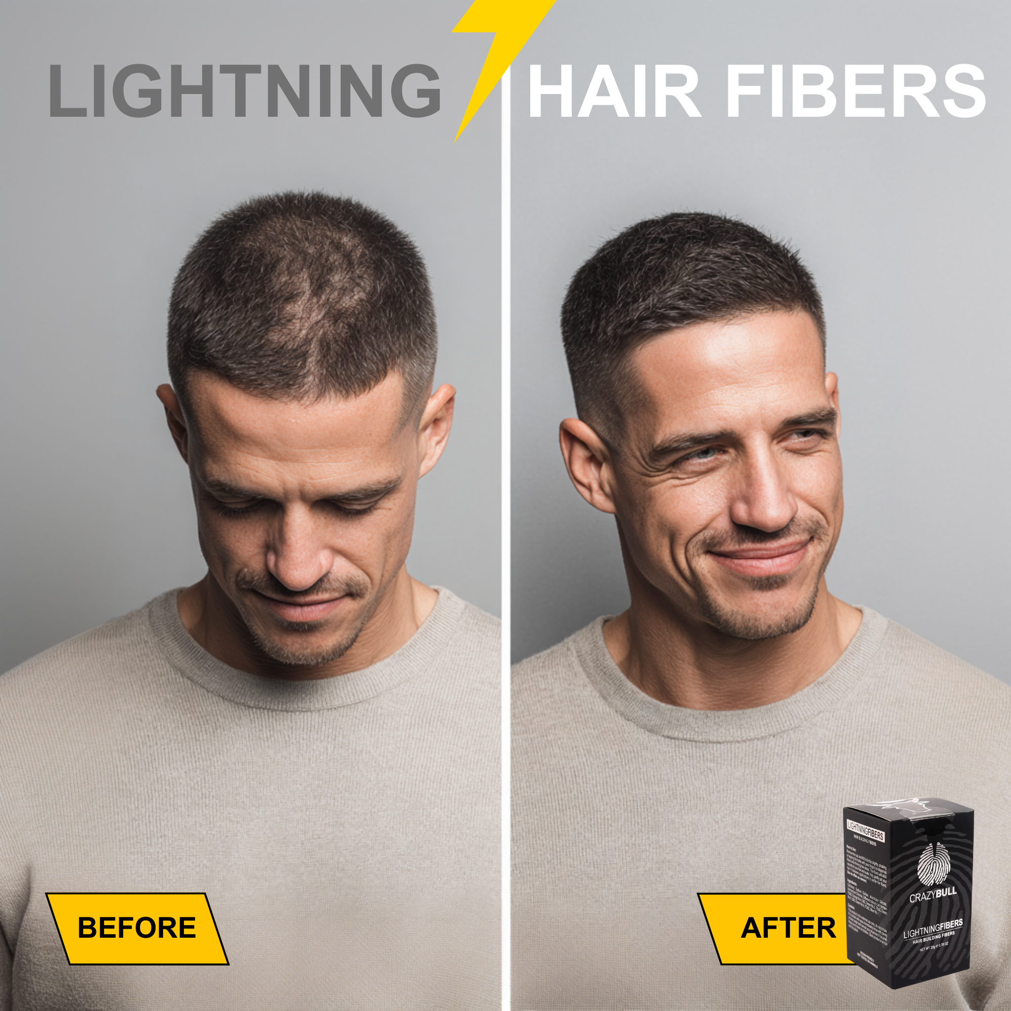 Before and after comparison of a man using Crazy Bull lightning hair fibers with a product box displayed.