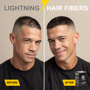 Before and after comparison of a man using Crazy Bull lightning hair fibers with a product box displayed.