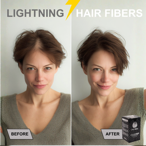 Before and after comparison of a woman using Crazy Bull lightning hair fibers with a product box displayed.