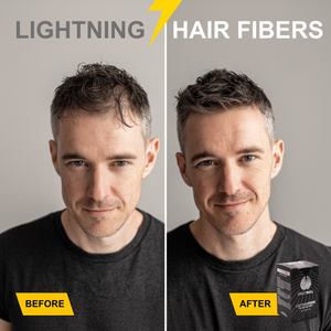 Before and after comparison of a man using Crazy Bull Lightning hair fiber product on a gray background.