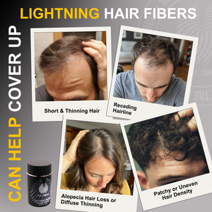 Graphic for Crazy Bull lightning hair fibers showing before and after effects on hair issues.