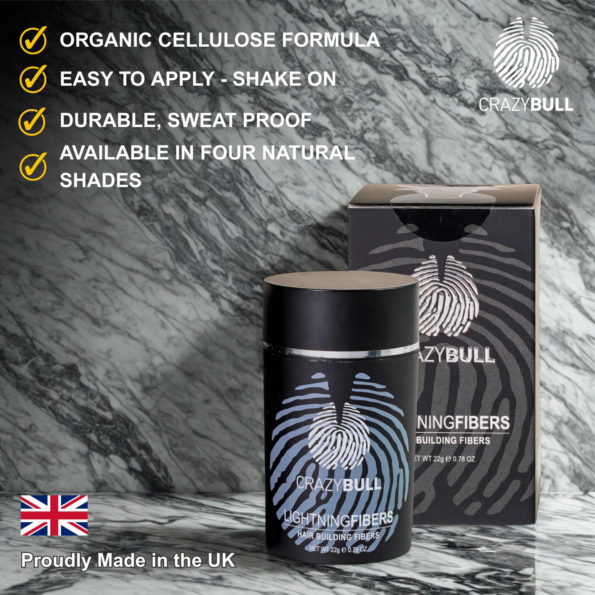 Crazy Bull lightning hair building fibers can and packaging on a marble background