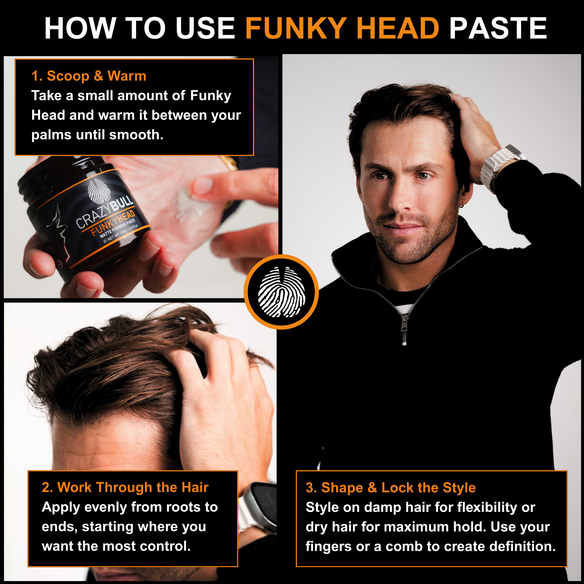 Instructions on how to use Crazy Bull Funky Head paste with a man styling his hair.