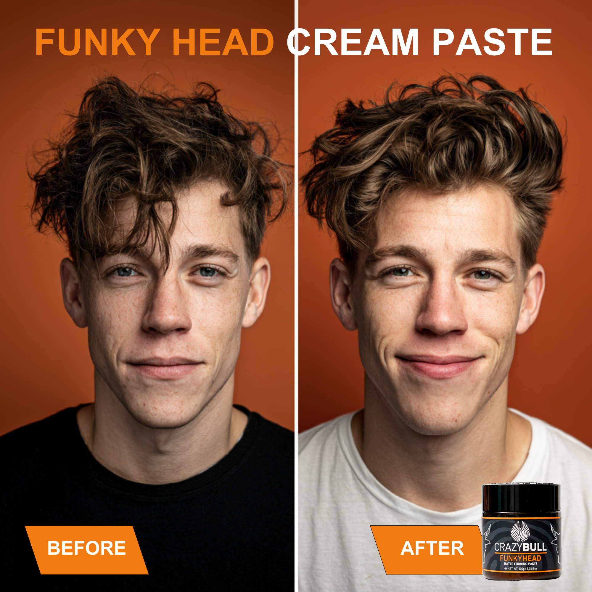 Before and after comparison of a person's hairstyle with Crazy Bull Funky Head Cream Paste.