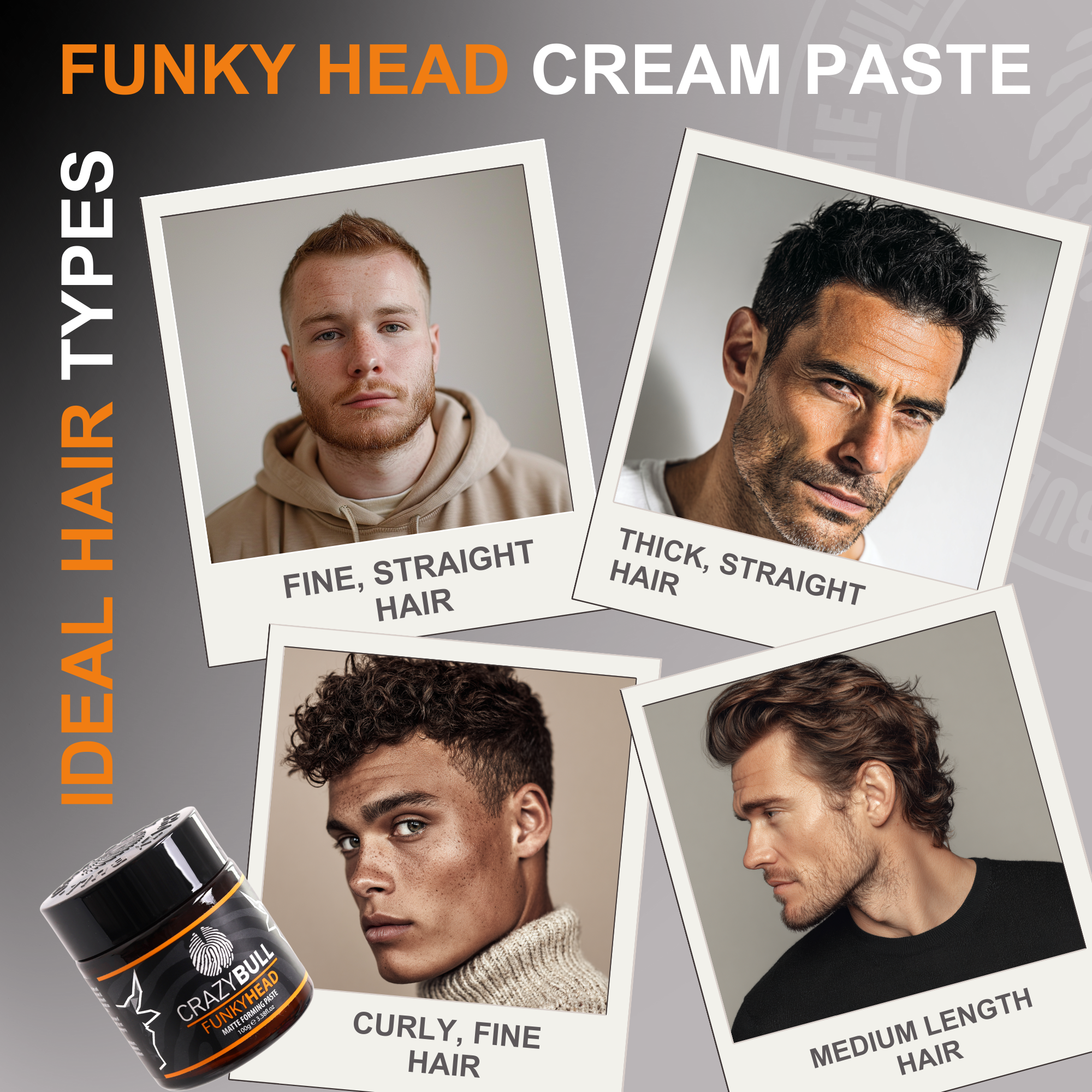Graphic for Funky Head Cream Paste with images of men and text describing ideal hair types.