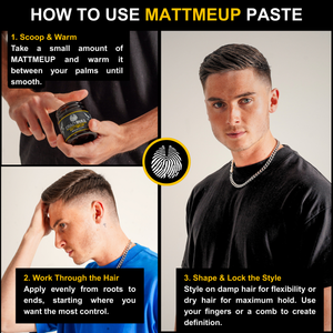Instructions on how to use Crazy Bull MattMeUp paste with a man styling his hair.