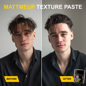 Before and after comparison of a person using Crazy Bull Mattmeup texture paste with product packaging.
