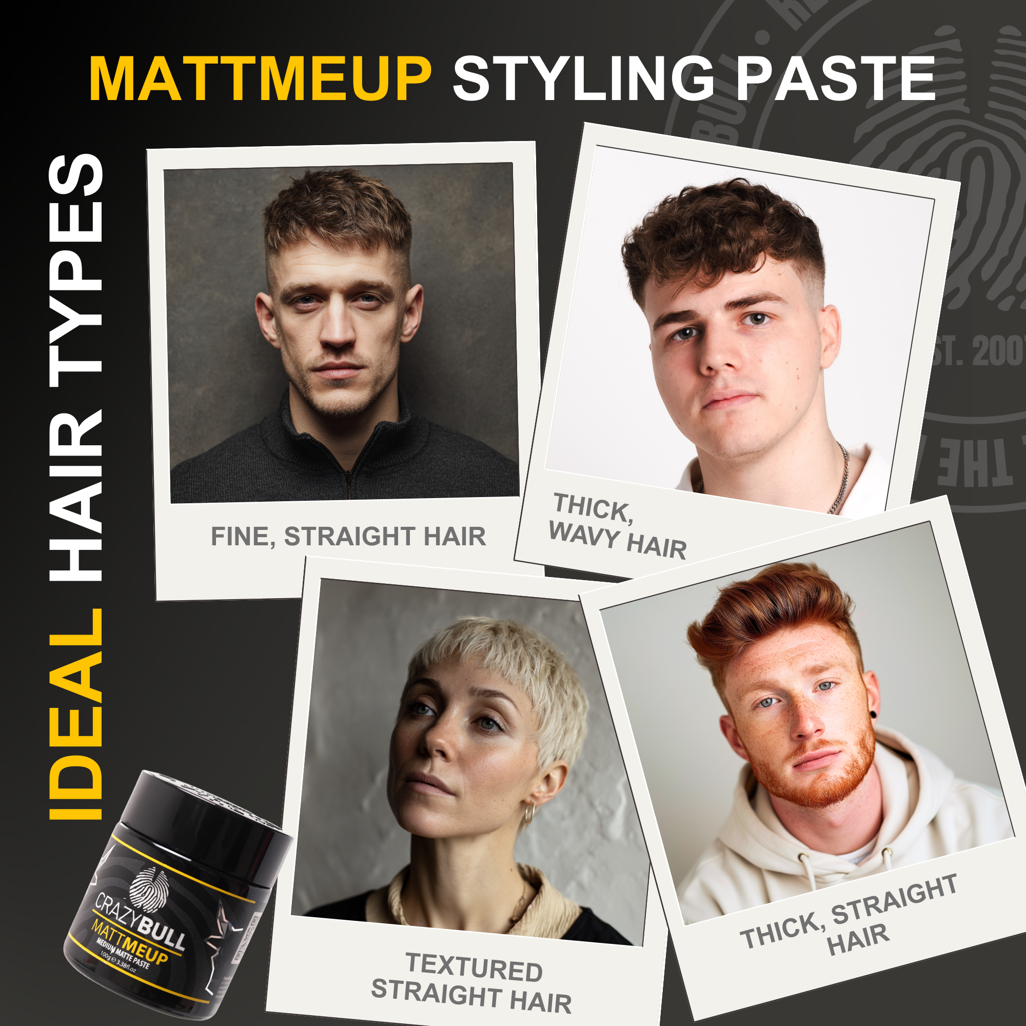 Graphic for Crazy Bull Mattmeup Styling Paste with four types of hair and a jar of the product showing the ideal hair types