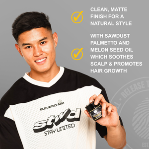 Person holding Crazy Bull MattMeUp with text about hair care benefits on a gray background