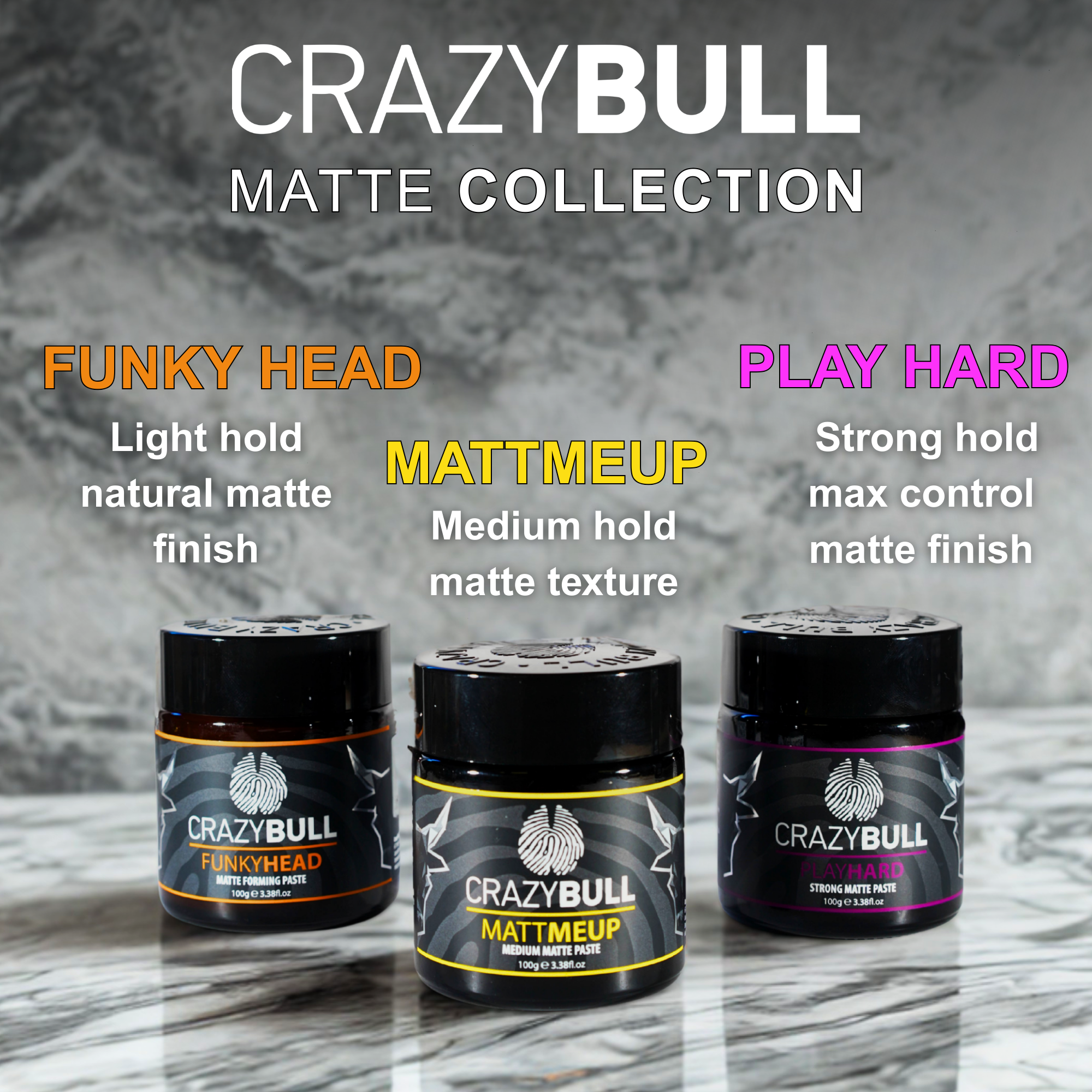 Three jars of CrazyBull hair product with product names and descriptions on a marble surface.