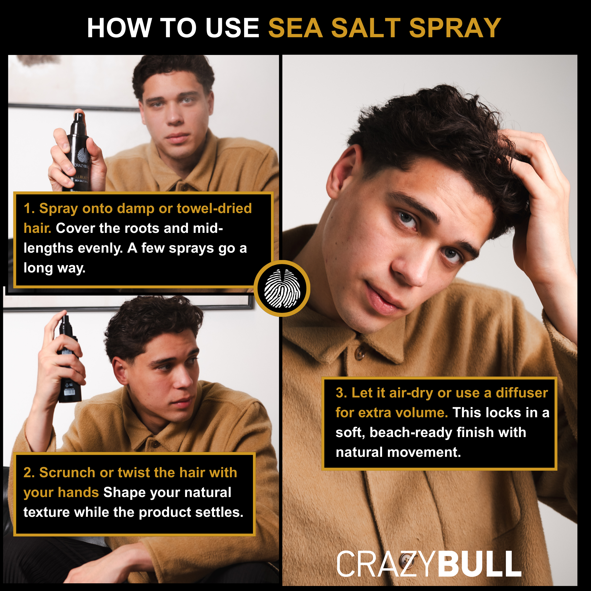 Instructions on how to use Crazy Bull Bull Blaster Salt Spray with a person demonstrating the process.