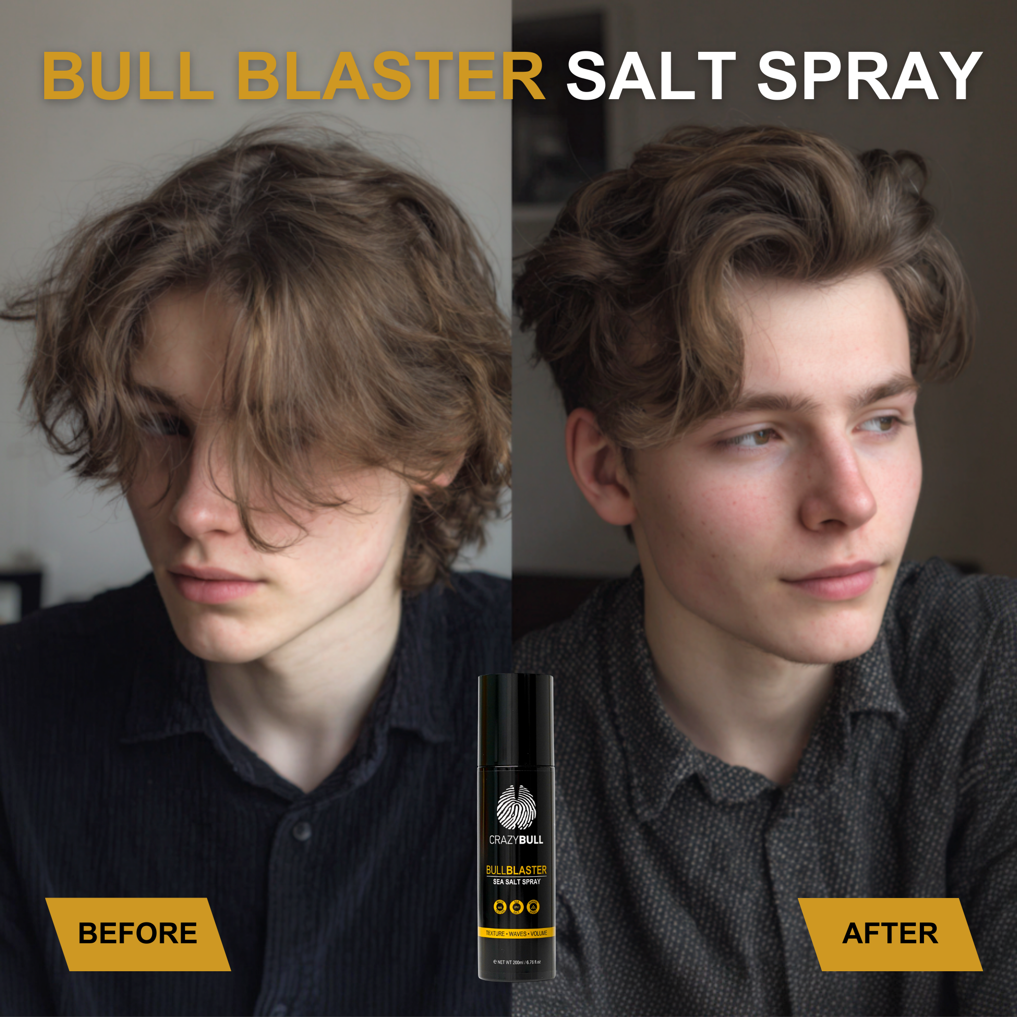 Before and after comparison of a man's hair with Crazy Bull Bull Blaster Salt Spray shown.