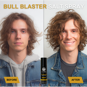 Before and after comparison of a man's hair with Crazy Bull Bull Blaster Salt Spray shown.