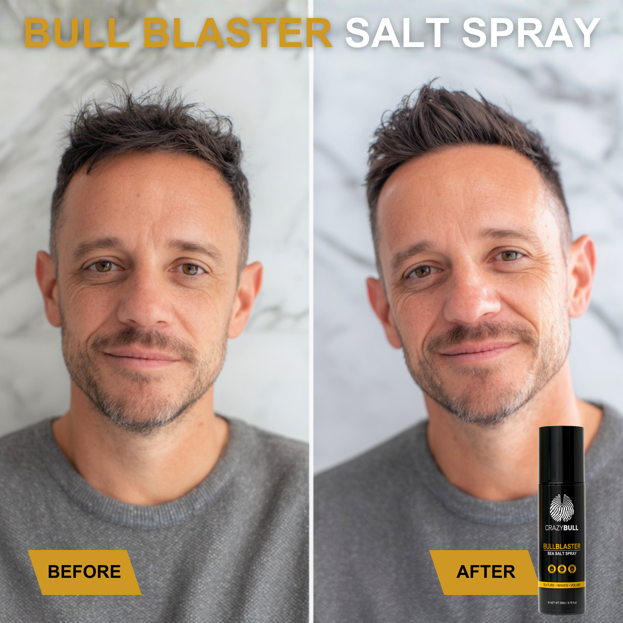 Before and after comparison of a man's hair with Crazy Bull Bull Blaster Salt Spray shown.