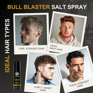 Graphic for Bull Blaster Salt Spray with four types of hair and a spray bottle showing ideal hair types.